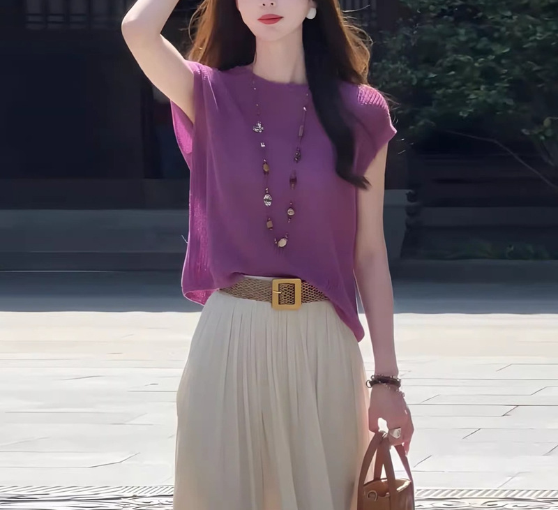 Super Stylish Purple Ice Silk Knit Top for Women, 2026 Summer New Versatile Slim-Fit Short-Sleeve T-Shirt with an Elegant Vibe