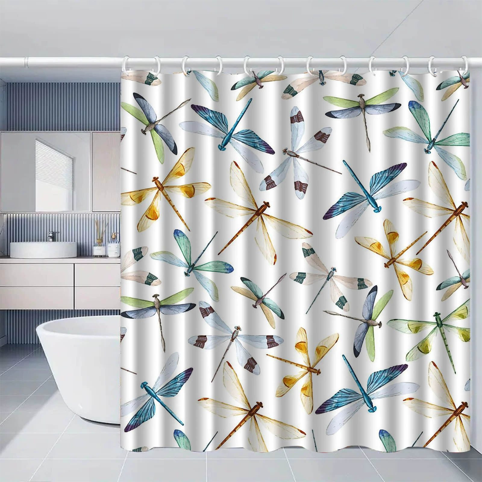 Cross-border direct supply dragonfly pattern polyester shower curtain bathroom bathroom waterproof, moisture-proof, mildew-proof isolation curtain