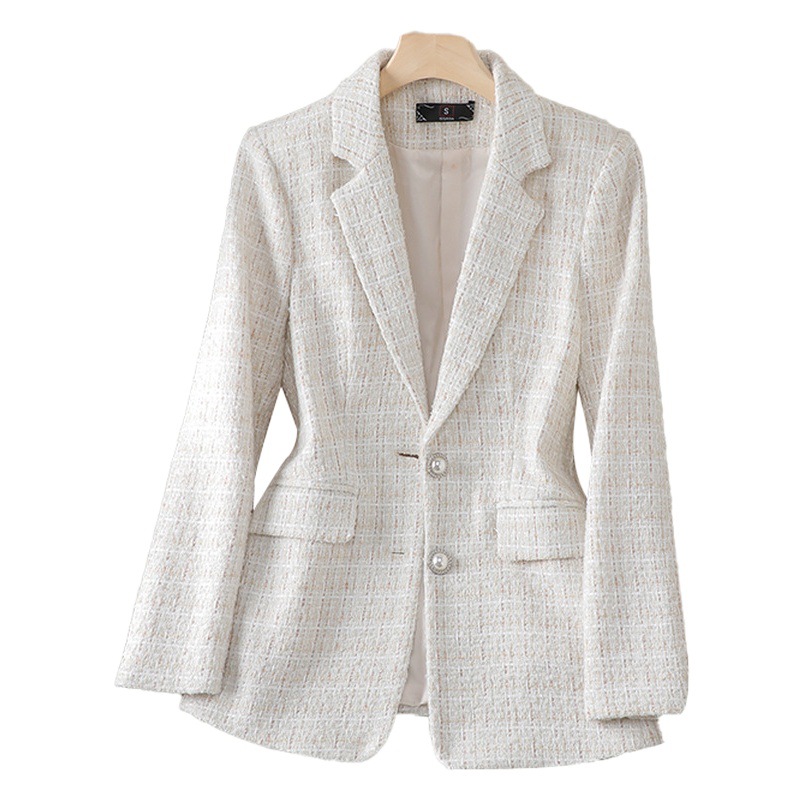 Chaqueta de Traje a Cuadros de Tweed para Mujer Lana Sin Planchado para Otoño e Invierno