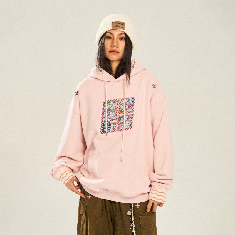 美式复古粉色连帽卫衣外套女春季设计感小众宽松oversize休闲上衣|undefined