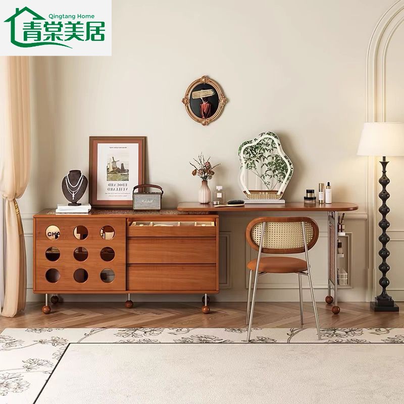 French-Style Vintage Dressing Table with Extendable Drawers, Suitable for Home Use in Bedrooms, Bedside Storage, Corner Solid Wood Makeup Table