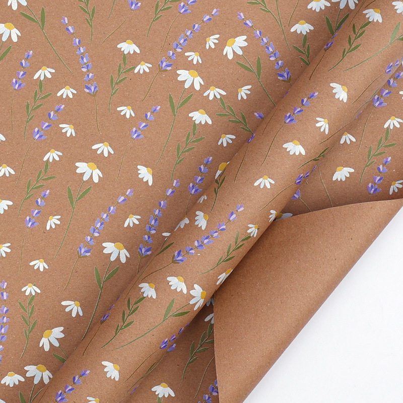 Papel de Regalo Kraft Impreso con Flores Estilo Pintado a Mano para Regalos de Cumpleaños