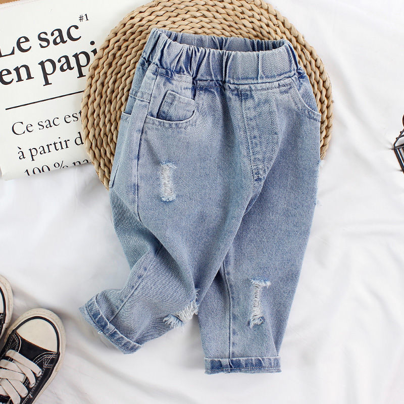 Ropa infantil, bebé, jeans para niños, primavera de 2026 para niños y niñas de 1 a 7 años de edad, jeans holgados, agujeros de aire extranjero
