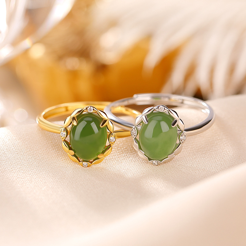 Nhẫn nữ bạc S925 mặt trứng ngọc bích mạ vàng phong cách đơn giản thanh lịch — Kiểu mạ bạch kim, Kiểu mạ vàng