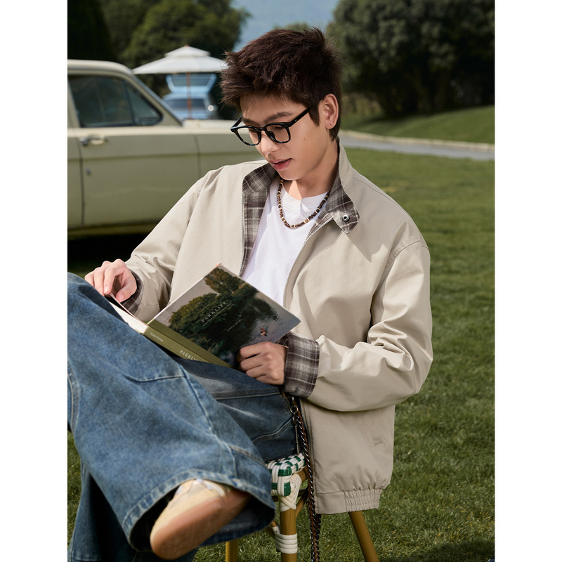 Reversible Vintage Plaid Harrington Work Jacket, Autumn Style, Trendy Brand, Casual Stand-Up Collar, Loose Sports Jacket Q