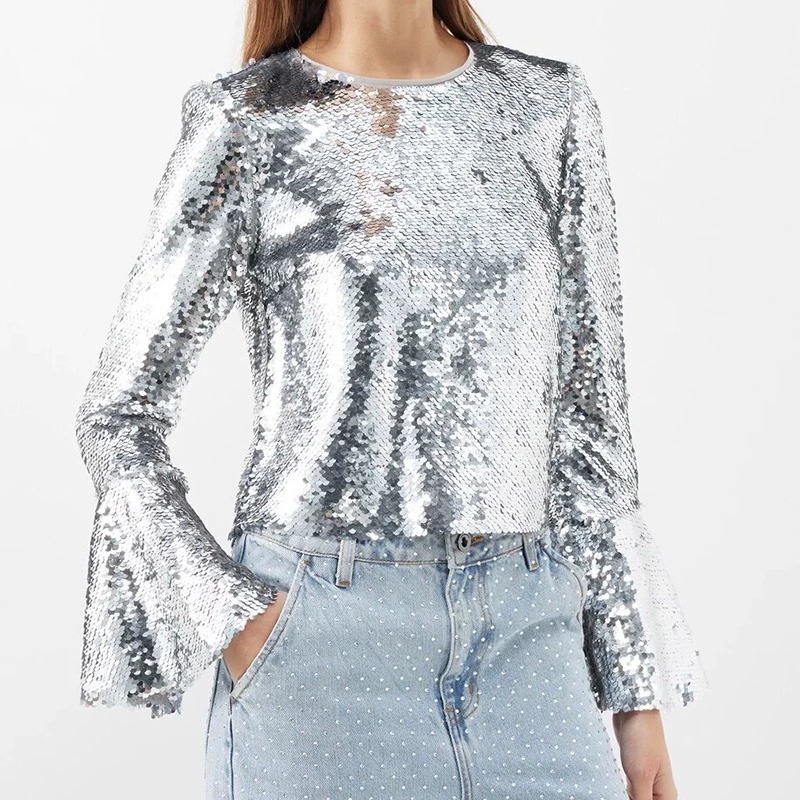 Европейский и американский стиль трансграничный 2024 AliExpress Amazon с круглым вырезом и длинным рукавом с коротким верхом с расклешенным рукавом персонализированная футболка ins