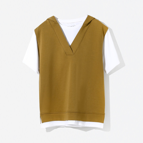 Air Layer False Two-Piece Short Sleeve Sweatshirt for Women, Summer Korean Version Hooded Loose Slimming T-Shirt Simple Top