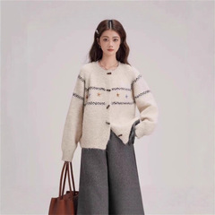 羊绒毛衣外套女2025秋冬新款复古提花圆领针织开衫双拉链外搭上衣