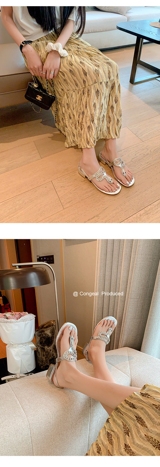 Dép xỏ ngón nữ da thật gót trung dày hở ngón phong cách Pháp đính đá rhinestone — Màu bạc chi tiết 11