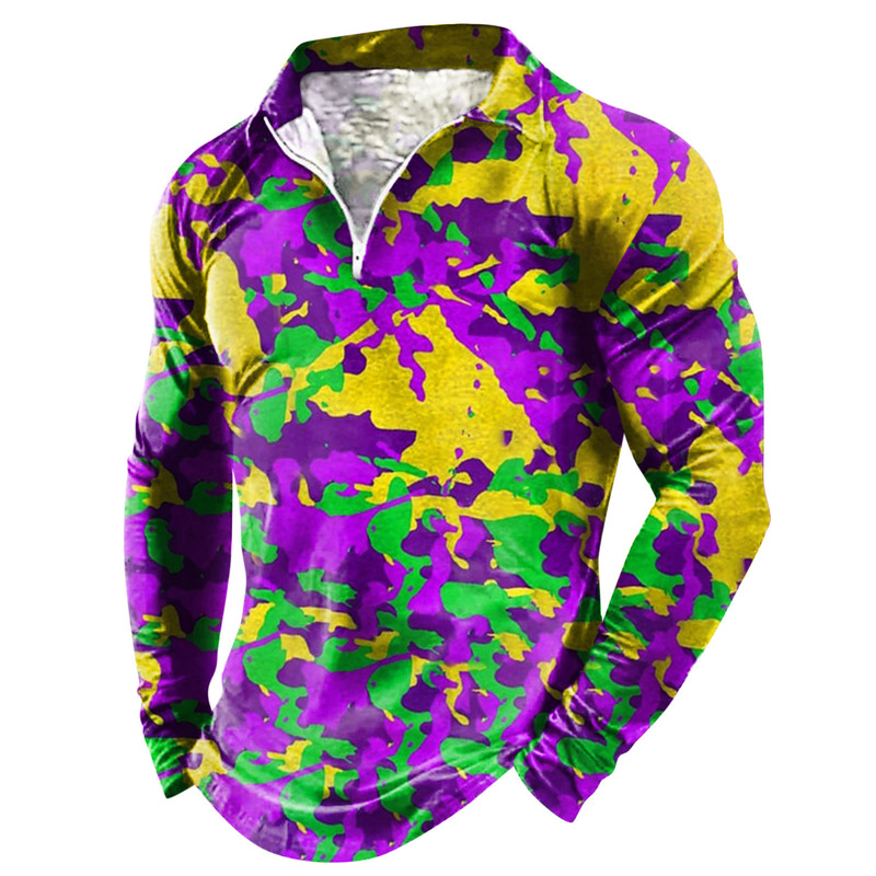 Carnival Boys Long Sleeve T Men's Spring and Autumn Casual 3D Clover Print Men's Fashion Lar Polo Shirt