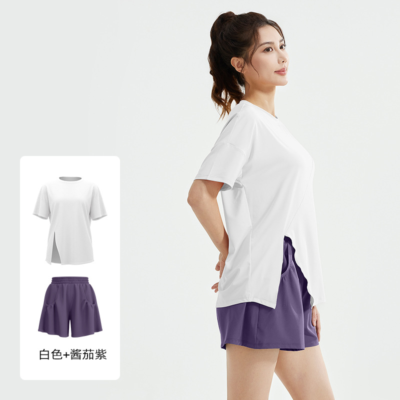 Juyi Tang primavera y otoño conjunto de yoga abierto suelto camiseta transpirable camiseta anti-stroller pantalones cortos para correr conjunto deportivo image 8