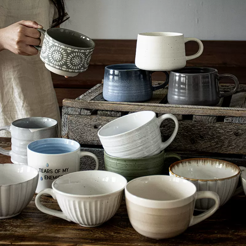 早餐杯日式家用陶瓷餐具大容量杯子复古盘子网红水杯批发马克杯