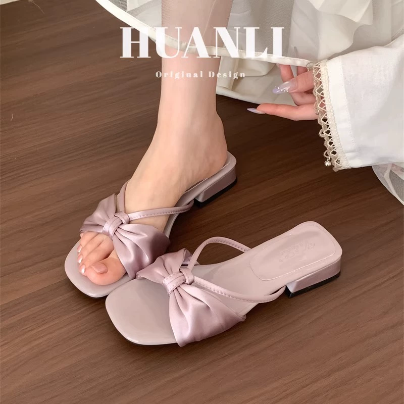 Женские босоножки Gentle Fairy, лето 2025, французский сладкий шелк, бант, открытый носок, толстый квадратный каблук