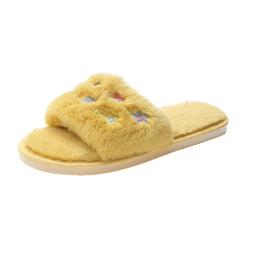 Furry slippers for women  autumn and winter new home open-toe slippers embroidered flowers warm cotton slippers wholesale