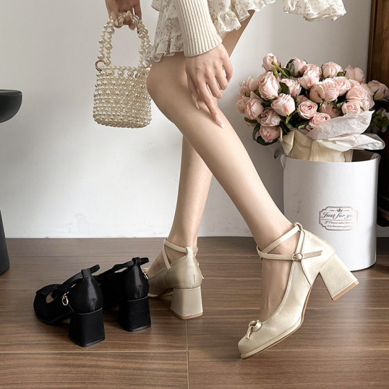 Mary Jane Shoes Women's 2025 Spring New High Heeled Thick Heeled Square Toe Bow Ballet French Women's Single Shoes