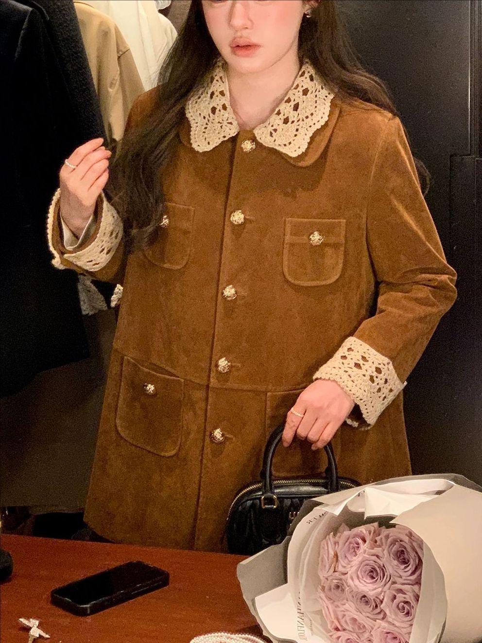 M Series Retro Lapel Mid-Length Suede/Velvet Jacket Workwear Windbreaker for Women Maillard Outfit