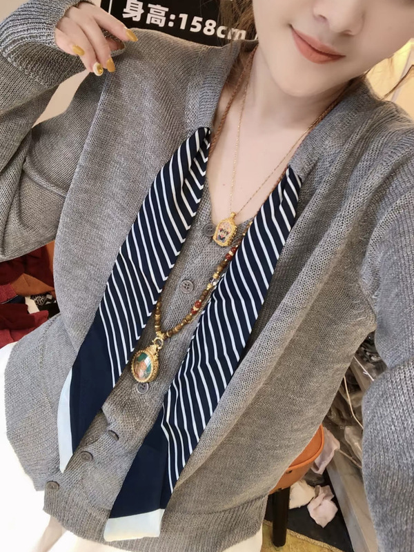 欧货设计感丝巾V领冰丝针织衫女夏装新款休闲洋气长袖防晒上衣潮|undefined