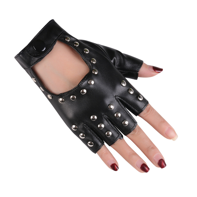 Danza de las mujeres guantes medio dedo rendimiento corto cyberpunk remache pole dance dedo abierto Hip Hop discoteca guantes de cuero