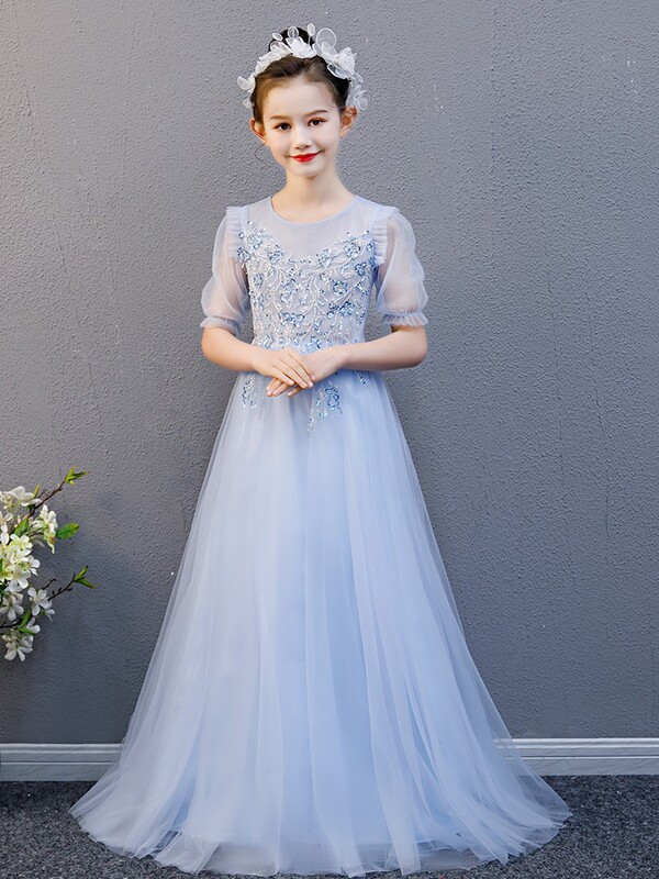 Children's guzheng costume girls' blue Long Festival performance costume chinese style little host dress Princess