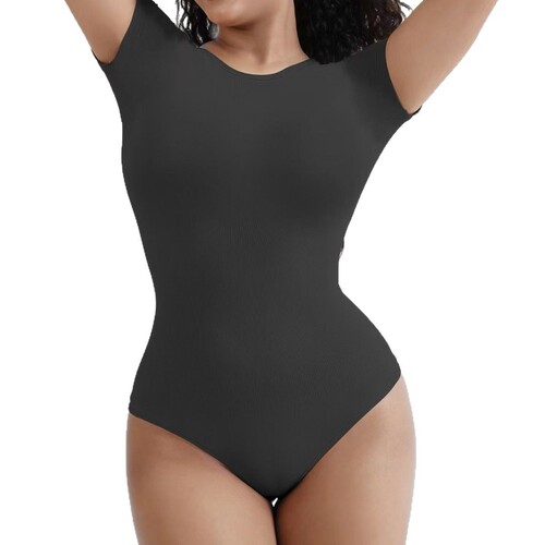 Cross-border lady round neck short sleeve one-piece tight bodysuit basic T-shirt top G-string panty full-body shaping buttock-lifting