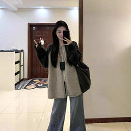 拼色毛衣针织开衫女2025秋装新款气质慵懒灰色长袖针织外套上衣