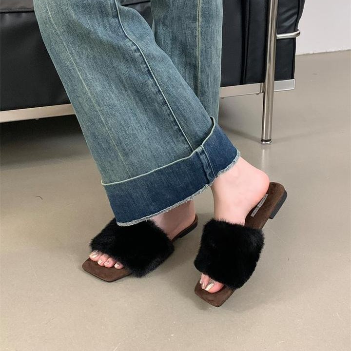 Leopardo francés con zapatos de lana de conejo de invierno nuevos zapatos planos de dedos abiertos calientes 35 - 43 tamaño grande trapezo transfronterizo