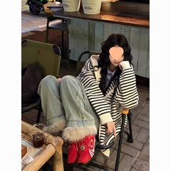 美式撞色条纹连帽毛衣外套女秋季慵懒风宽松显瘦软糯针织开衫上衣