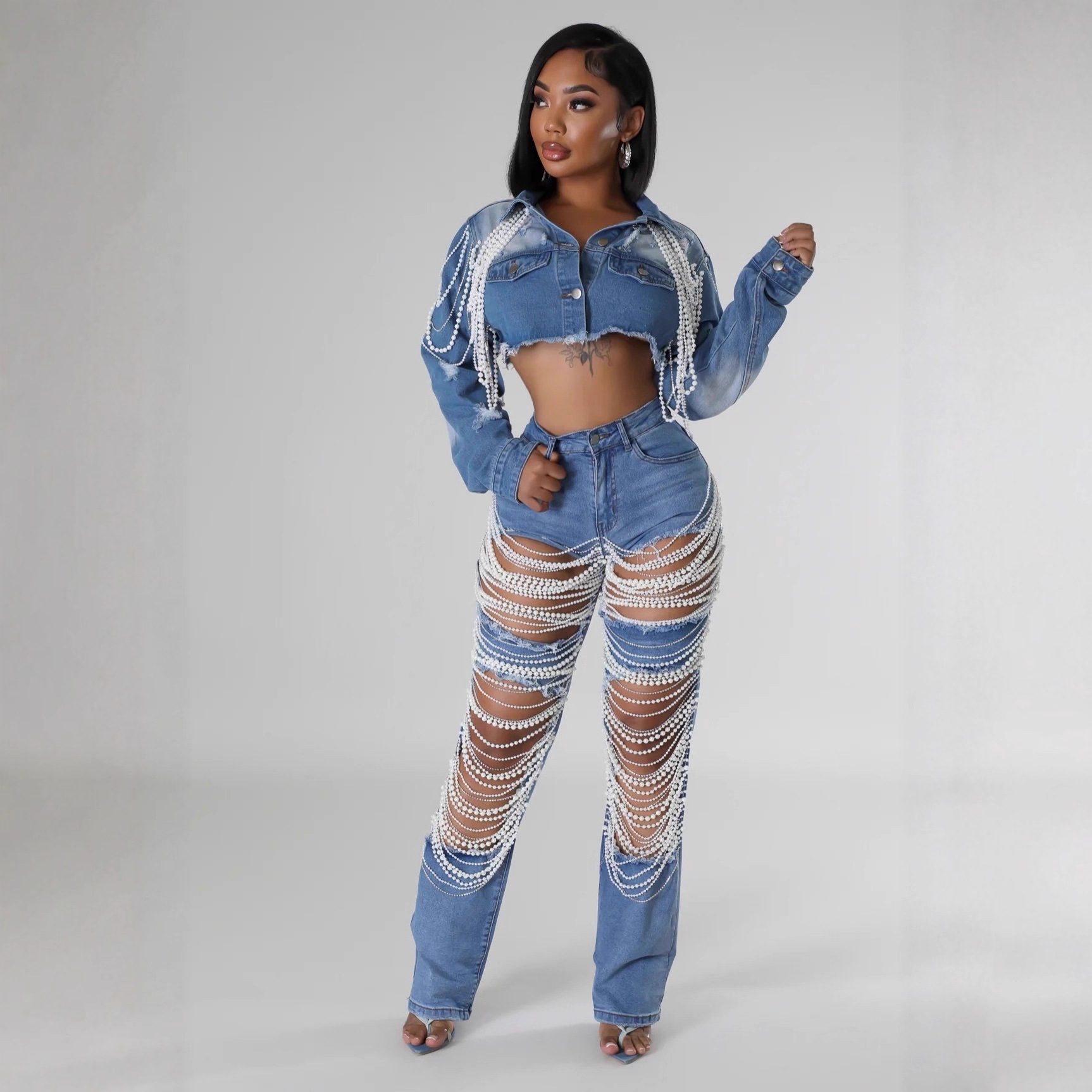 Women's Denim Jacket With Pearl Embellishments – Trendy Oversized Vintage Coat, Handcrafted Beaded Details For Streetwear & Casual (Blue, S-2xl)_voghion.com