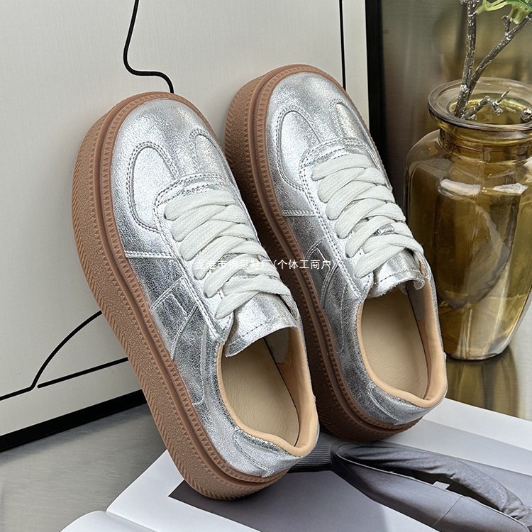 Thick-Soled Silver Moral Training Shoes for Women 2025 Spring New Platform Shoes Casual Versatile Round-Toe Sports Sneakers Flats