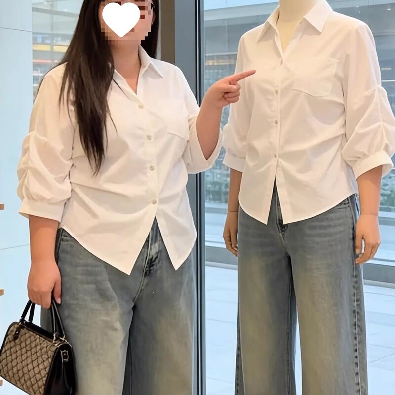 Plus-Size French-Style Lapel Long-Sleeve Shirt for Women, Spring/Summer, Flattering Design for Slightly Plump Figures, Slim-Fit Puff Sleeve Top, White Plus-Size French-Style Lapel Long-Sleeve Shirt for Women, Spring/Summer, Flattering Design for Slightly Plump Figures, Slim-Fit Puff Sleeve Top, White