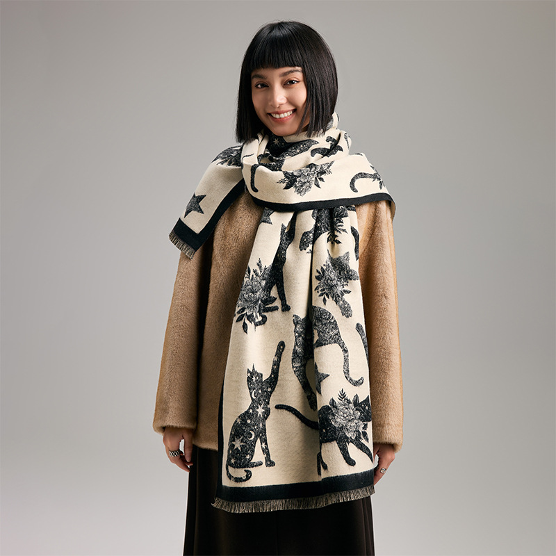 Autumn and Winter New Japanese and Korean Style Cat Silhouette Print Natural Starry Mystery Double-Sided Women's Imitation Cashmere Warm Scarf