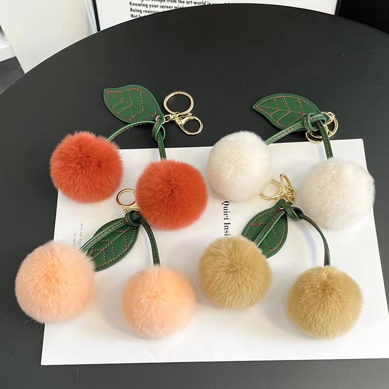 17g Weight Bag Pendant, Keychain Classification 1 Piece Quantity Daily, Street Occasion Real rex rabbit hair Material Cherry Pattern Cute Style 1 Piece Cute Cherry Real Rex Rabbit Hair Bag Pendant Keychain 2