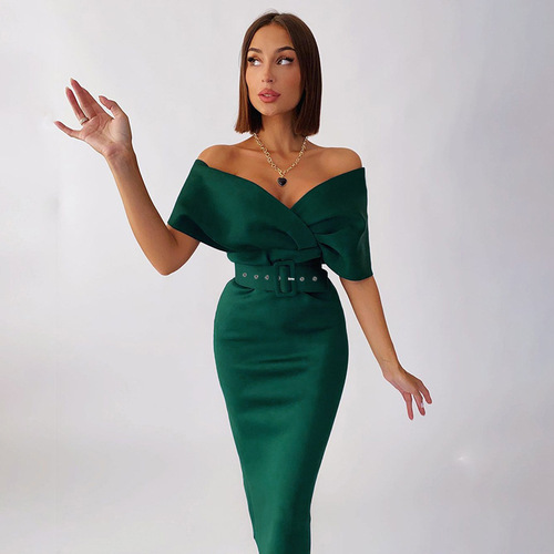 2024 European and American Women's Autumn New Elegant Off-the-Shoulder High-Waisted Waist-Showing Belted Dress Air