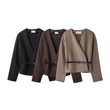 跨境外贸女装2025秋季欧美风V领长袖配腰带开衫夹克外套高级感