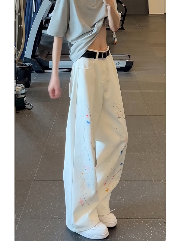白色泼墨牛仔裤男夏季薄款美式高街裤子提档显腿长修身直筒微喇裤|undefined