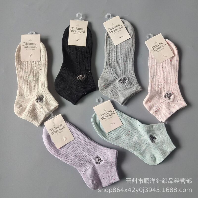 New Spring and Summer Western Empress Dowager Color Saturn Embroidered Low Waist Short Socks Double Needle Pit Strip Point Yarn Women's Boat Socks