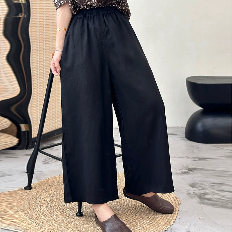 Дикие сплошные льняные брюки с эластической талией прямые брюки Женская весна 2025 новый стиль свободный большой размер шнуровки широкие брюки