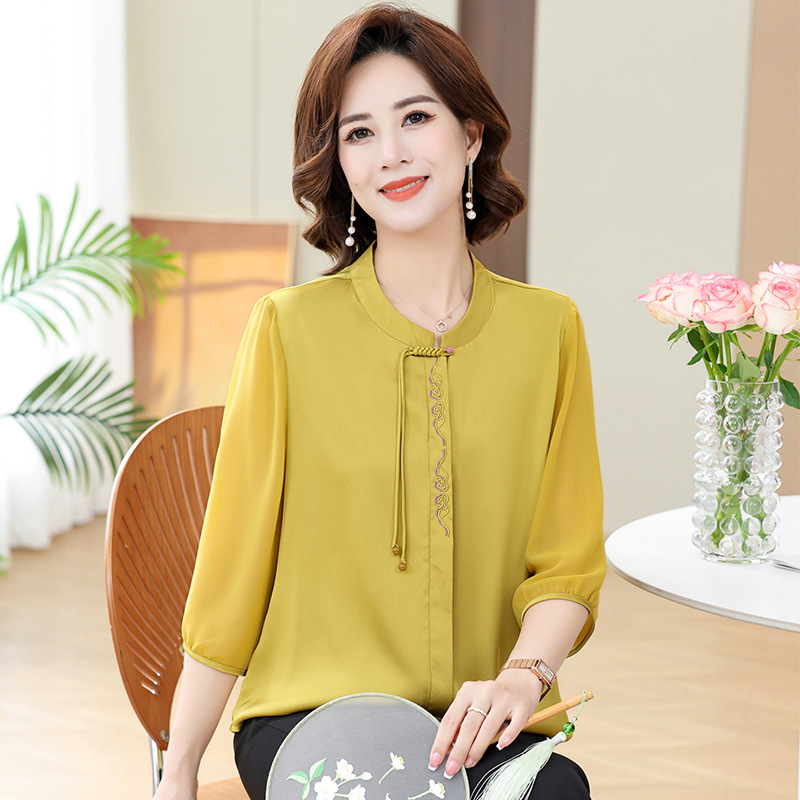 Mother's 2025 Shirt Spring and Autumn New Middle-aged Women's Loose Top Embroidery National Style Fashion