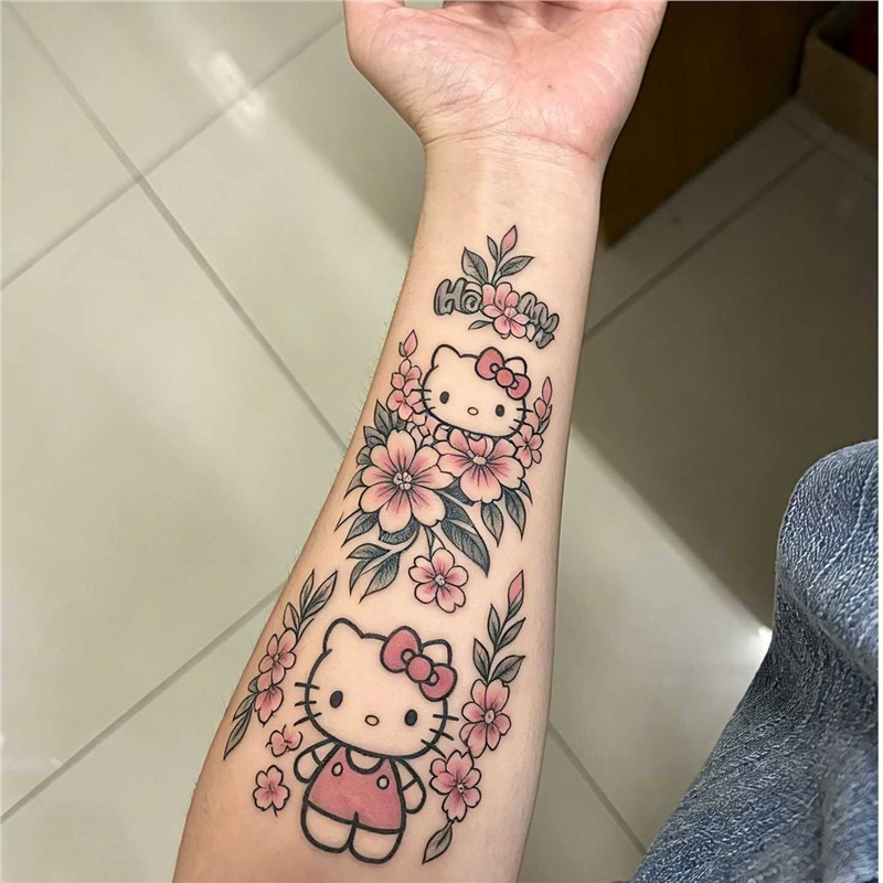 Ins-Style Soft and Cute Cat Cherry Blossom Tattoo Stickers, Waterproof and Long-Lasting, Realistic Pink Flower Arm Stickers for Girls