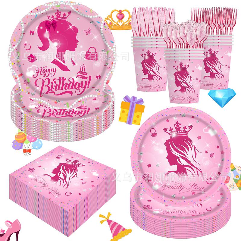Cross-Border Pink Barbie Girls Party Tableware Set Disposable Paper Plates Napkins Paper Cups Party Decoration Props
