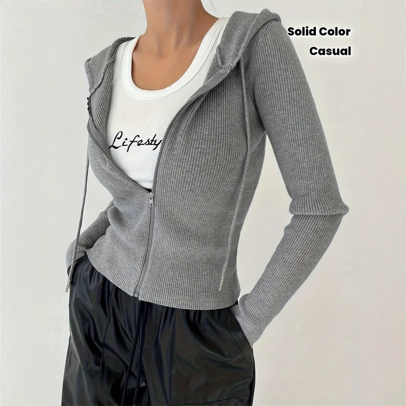 Foreign trade European and American casual lightweight full-zip drawstring long-sleeve slim-fit ribbed short hooded cardigan jacket Foreign trade European and American casual lightweight full-zip drawstring long-sleeve slim-fit ribbed short hooded cardigan jacket