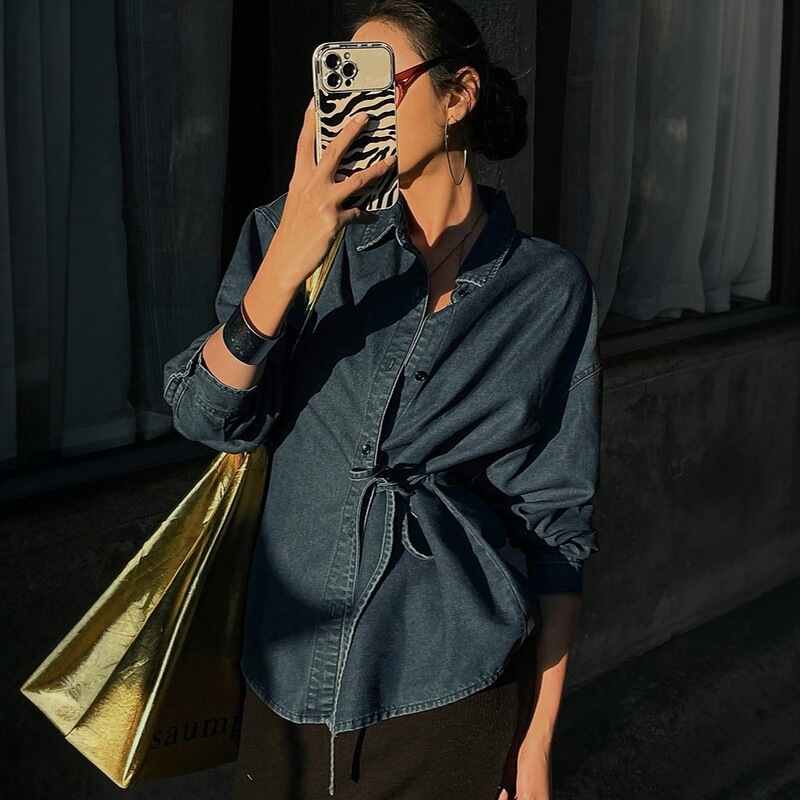 2025 Cross-Border European and American Front Lace-Up European Size Versatile Denim Women's Front Button Top Long-Sleeved Casual Top Blue Exposed