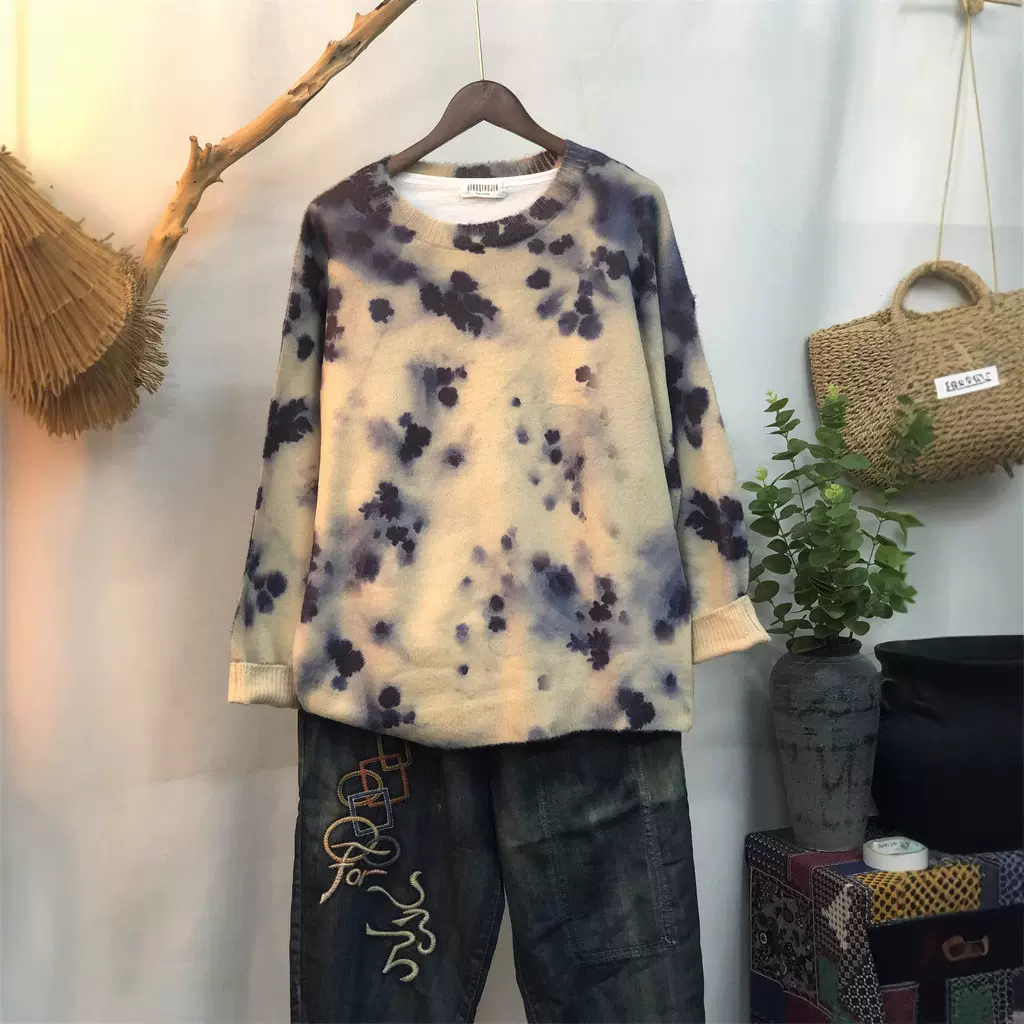 水貂绒毛衣套头女2024秋季新款宽松外搭圆领毛衣显瘦气质长袖上衣