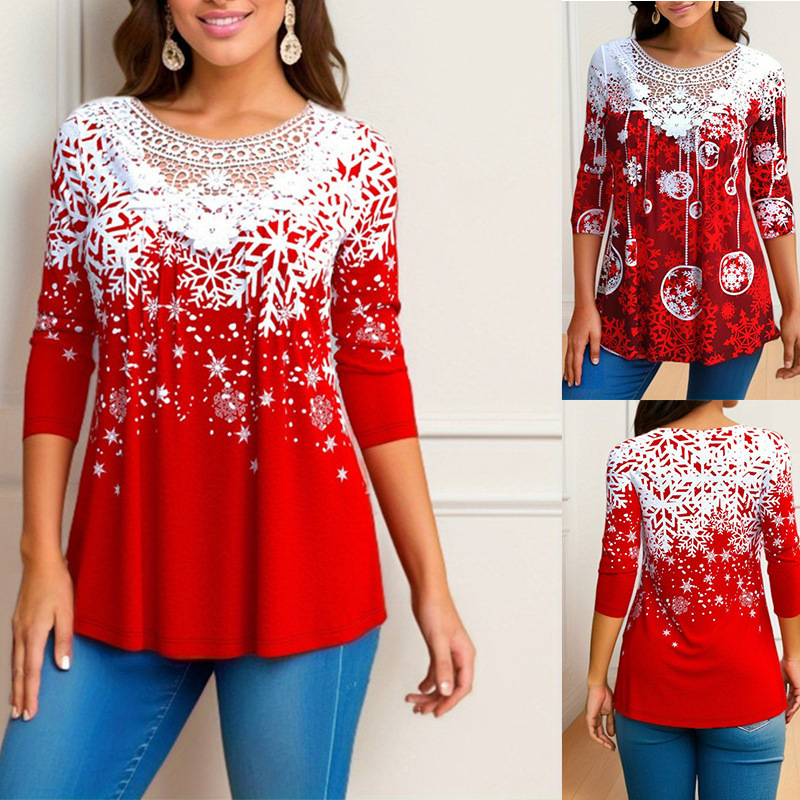 2022 European and American Cross-Border New Women's Large Size Long-Sleeved Lace Printed Christmas Element Loose Top T-Shirt