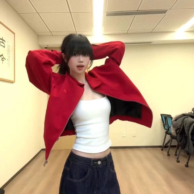 学院风超好看优雅小个子红色翻领外套女春秋短款气质街头休闲夹克