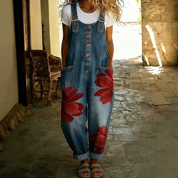 2026 European and American Independent Site Amazon Fashion Casual Daily Wear Faux Denim Floral Print Women's Jumpsuit