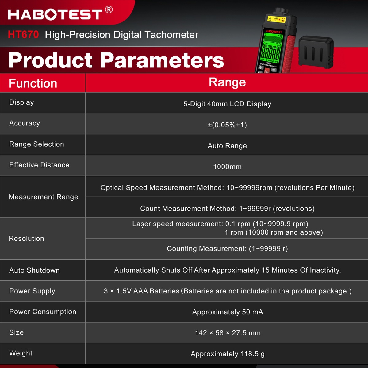HABOTEST/Huabo HT673/HT670/HT671 Non-Contact Dual-Purpose Tachometer