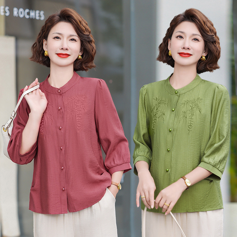 Mom's Summer Style Three-Quarter Sleeve Top, Fashionable Belly-Covering Shirt, Middle-Aged and Elderly Women's Summer Loose Shirt T-Shirt