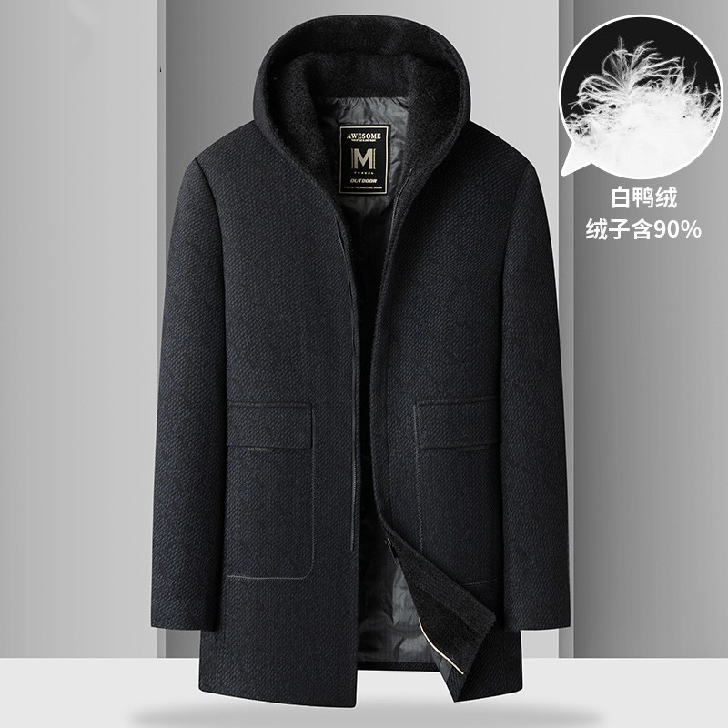 Fashionable windproof woolen winter woolen coat with hood with down