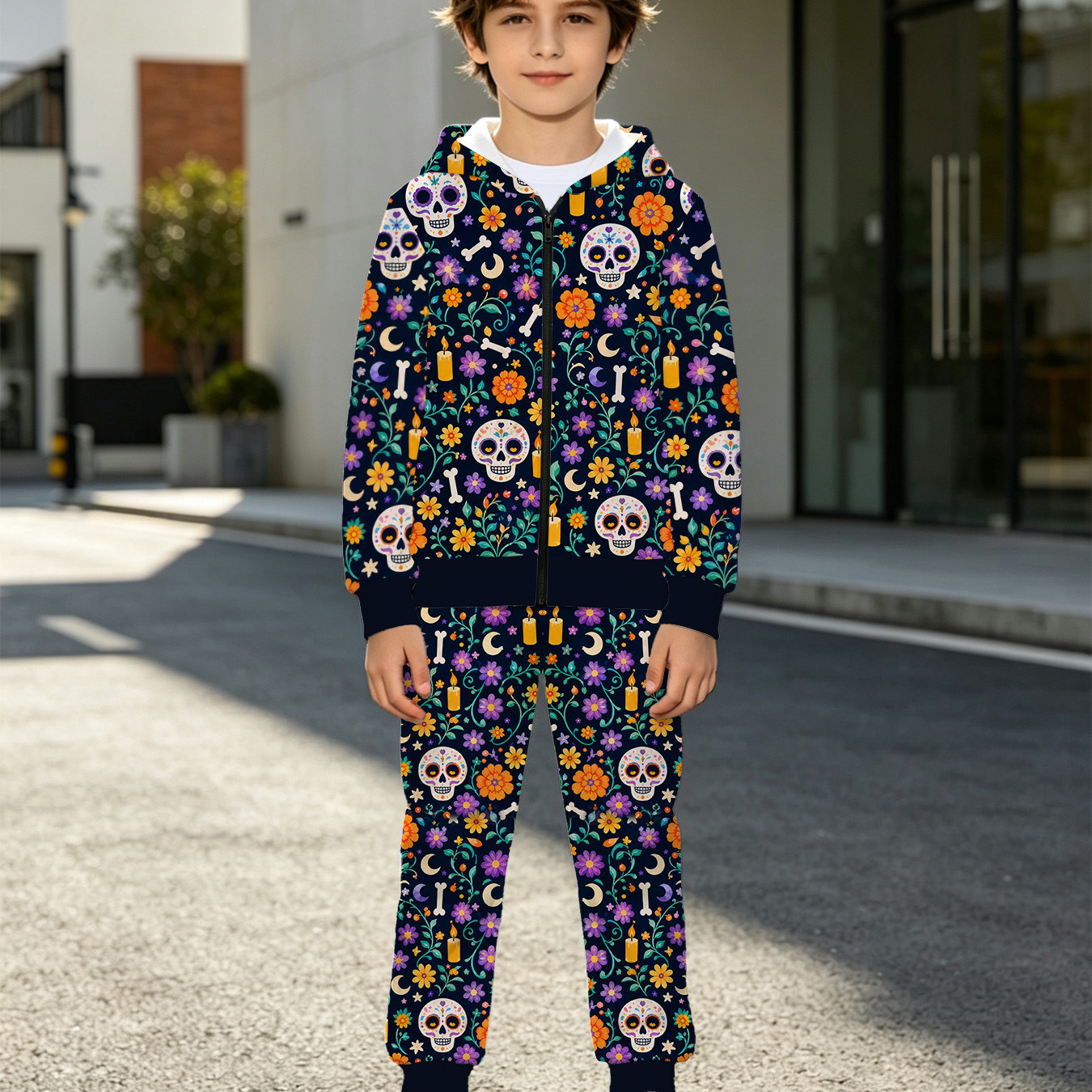 Day of the Dead Colorful Candy Skull and Flower All-over Print Hoodie Set with Moon Candle Elements for Boys and Girls (Zip-Up Two-Piece Set)